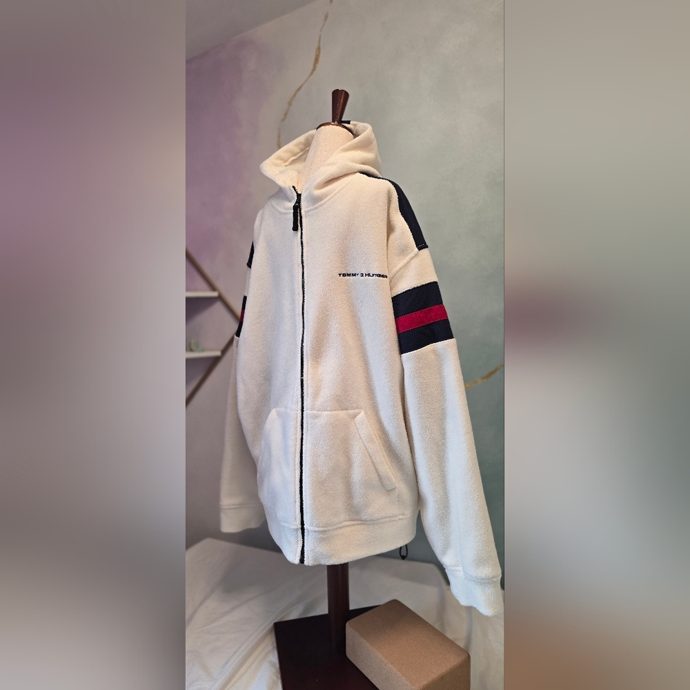 Vintage Tommy Hilfiger Fleece Zip-Up Hoodie Ivory Navy Red Flag Stripes Y2K XL